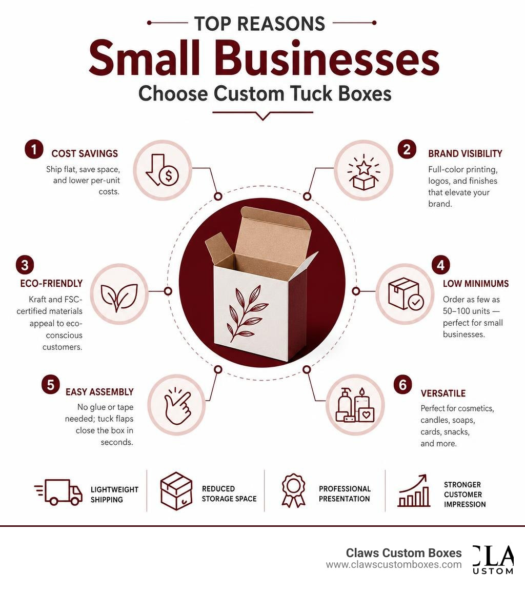 Infographic showing top reasons small businesses choose custom tuck boxes cost eco branding infographic Infographic showing top reasons small businesses choose custom tuck boxes cost eco branding infographic