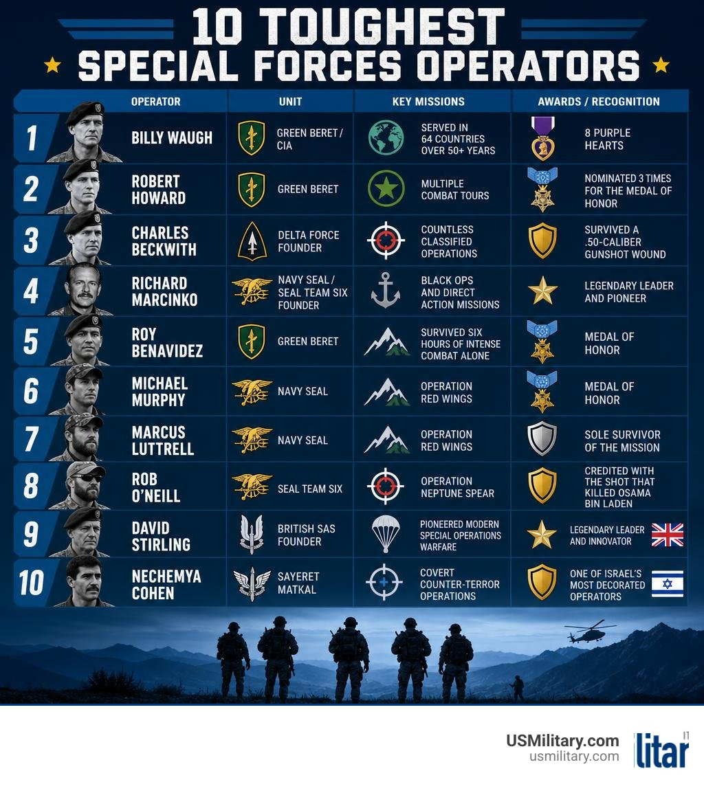 Infographic comparing the 10 toughest special forces operators: unit, key missions, and awards infographic