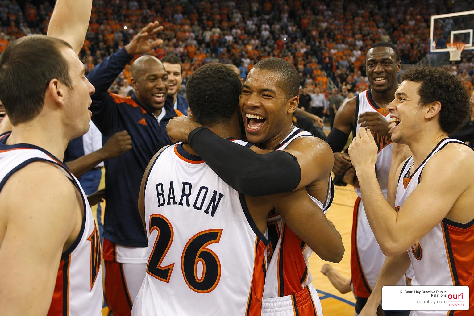 The We Believe Warriors celebrating their historic upset victory