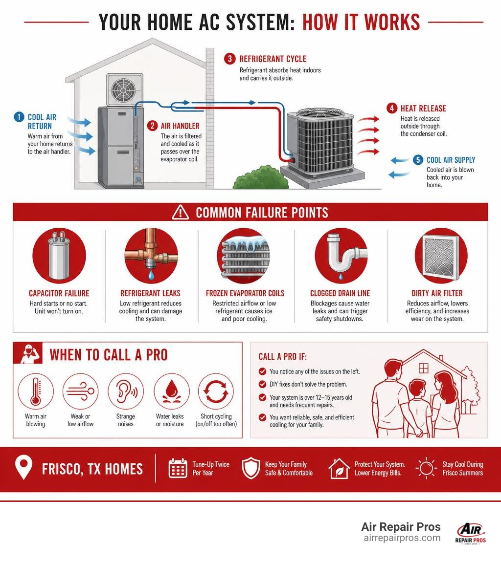 Infographic showing how a home AC system works, common failure points, and when to call a pro in Frisco, TX infographic