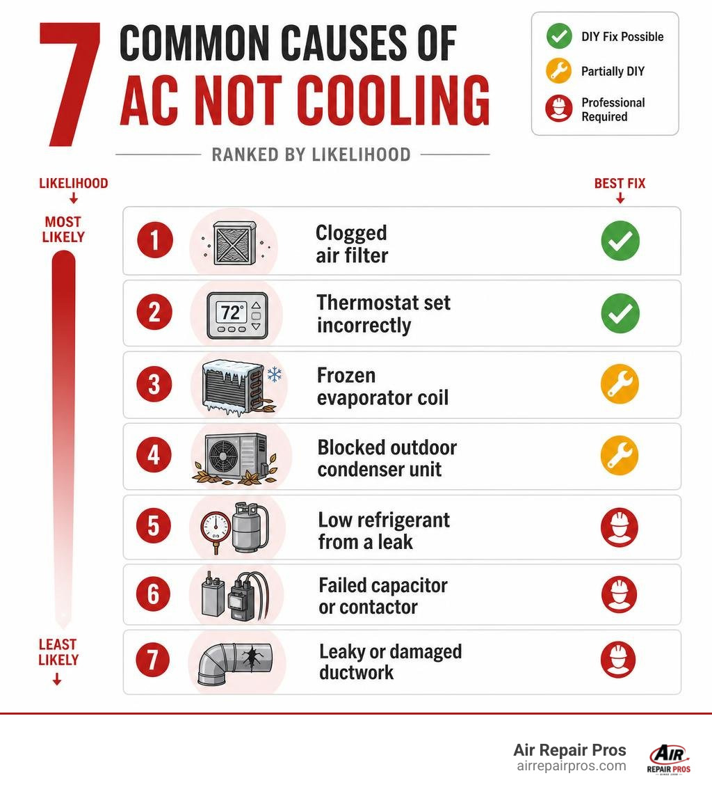 Infographic showing 7 common causes of AC not cooling ranked by likelihood with DIY vs professional fix indicators