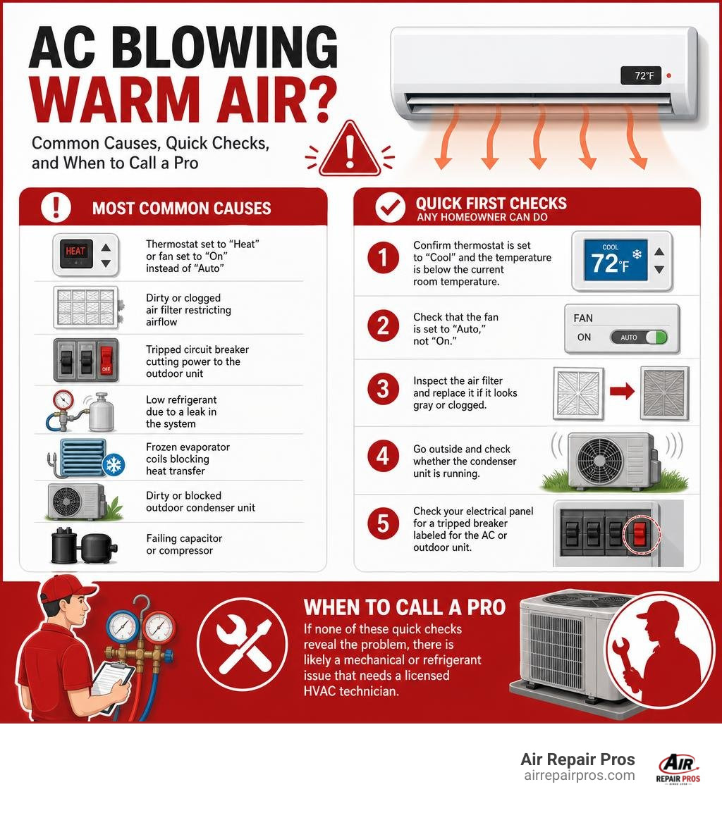Infographic showing common causes of AC blowing warm air with quick check steps and when to call a pro infographic