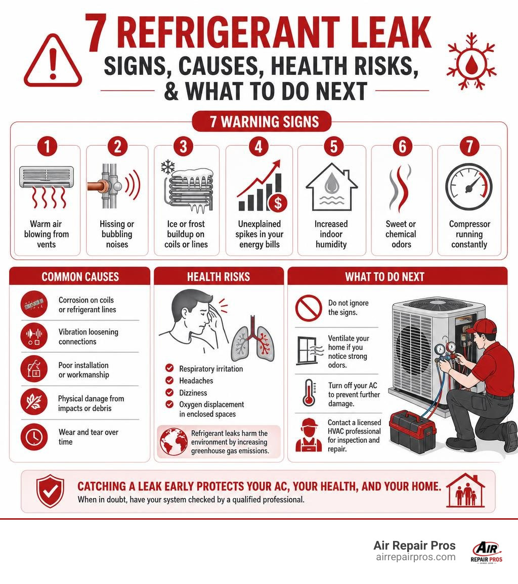 Infographic: 7 refrigerant leak signs, causes, health risks, and what to do next infographic Infographic: 7 refrigerant leak signs, causes, health risks, and what to do next infographic