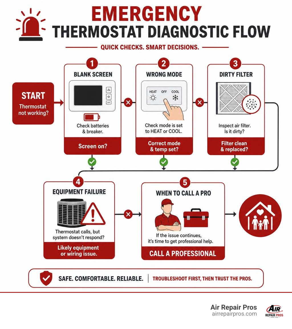 Infographic: Emergency thermostat diagnostic flow - blank screen, wrong mode, dirty filter, equipment failure, when to call