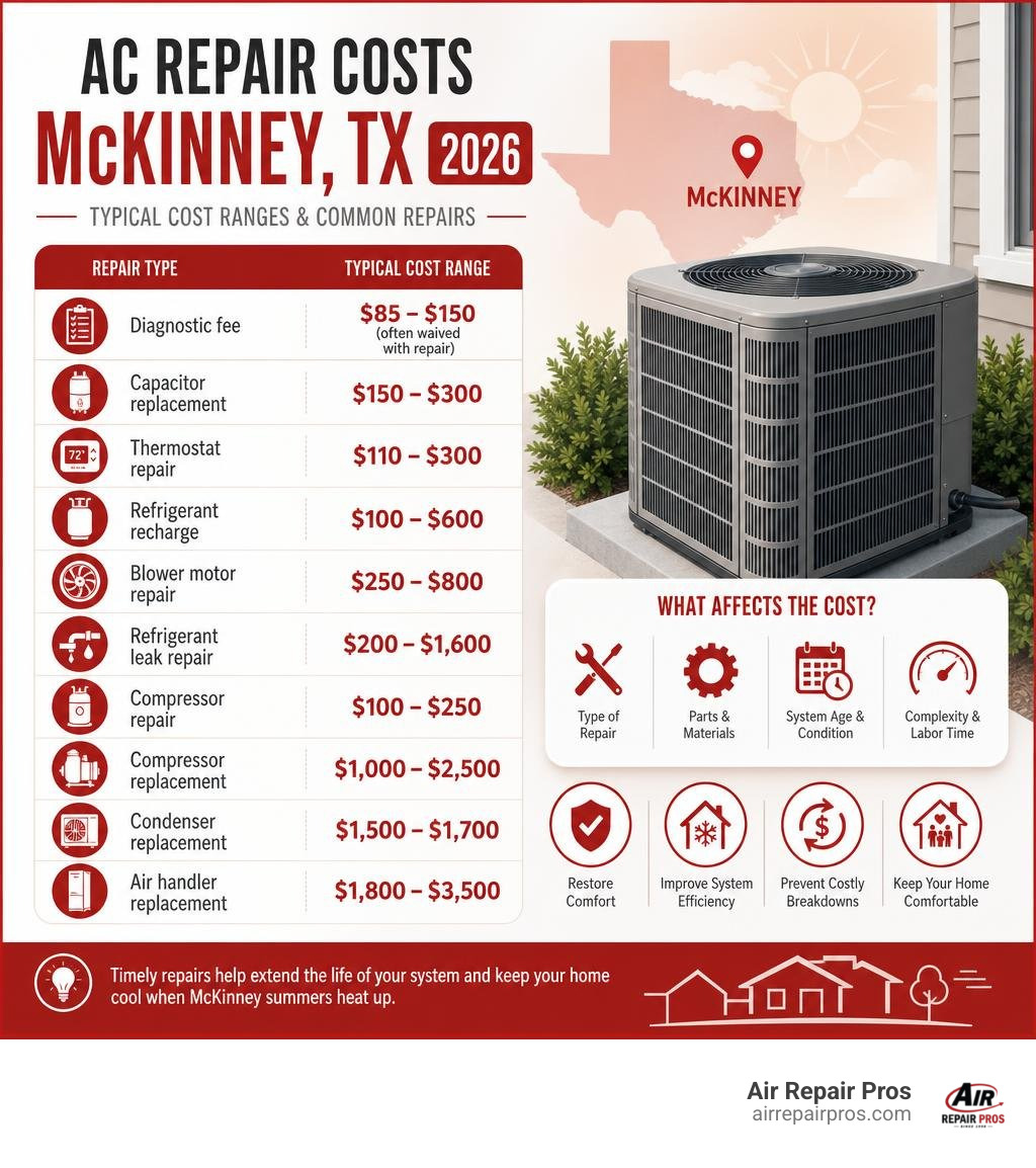 Infographic showing typical AC repair cost ranges and common repair types in McKinney, TX 2026 infographic