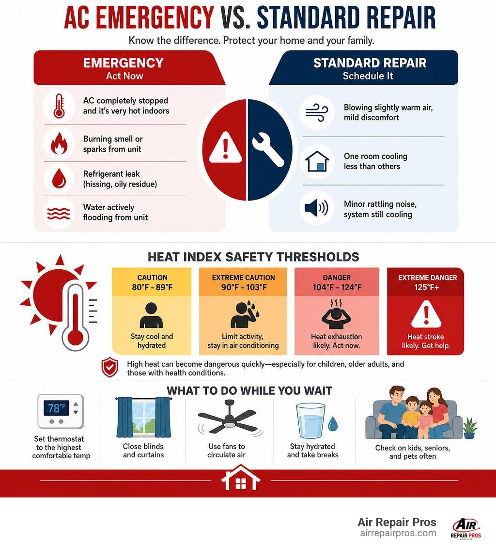 Infographic: AC emergency vs standard repair, heat index safety thresholds, and what to do while waiting infographic