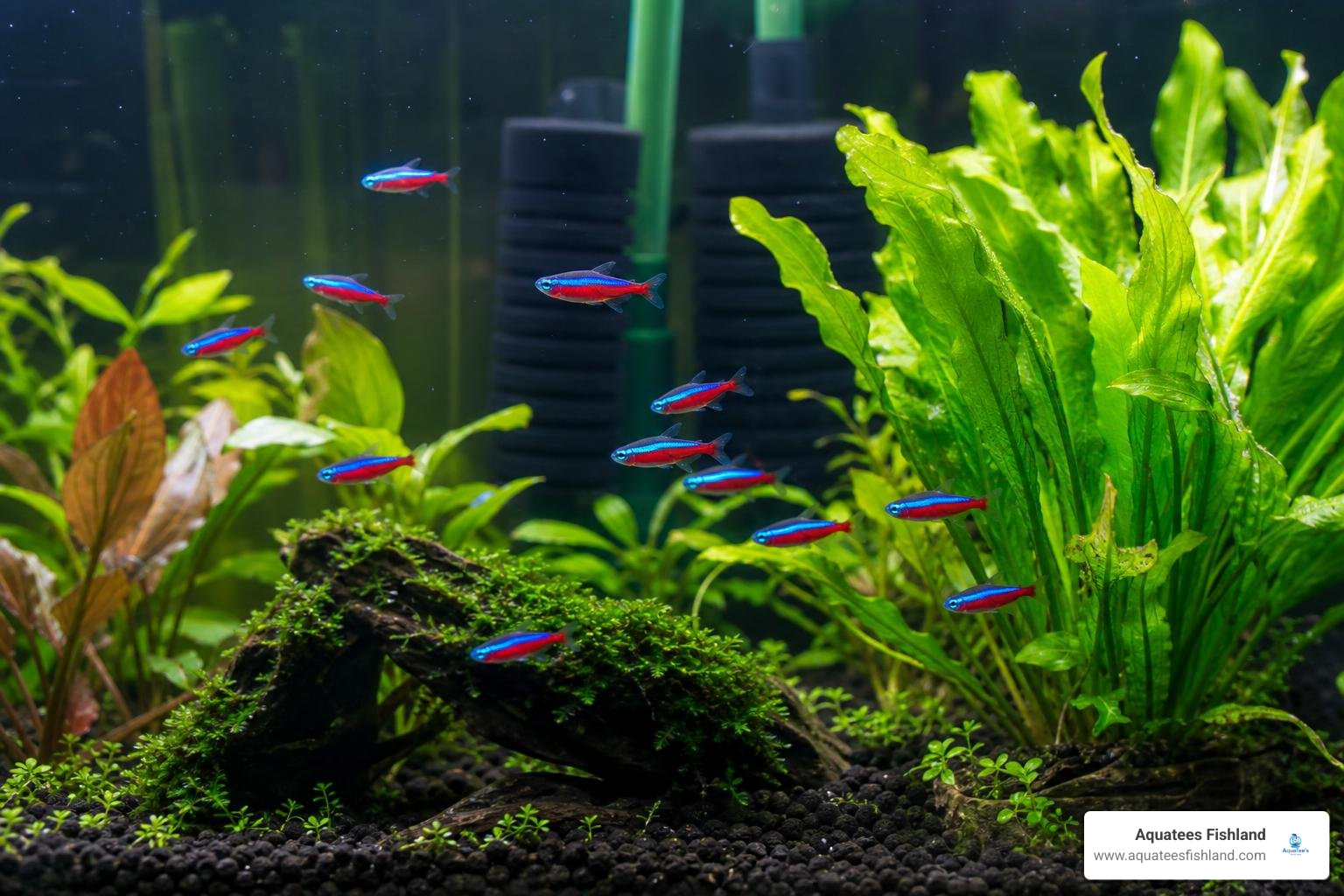 Vibrant Neon Tetras swimming in a crystal clear aquascaped aquarium with high-end sponge filtration