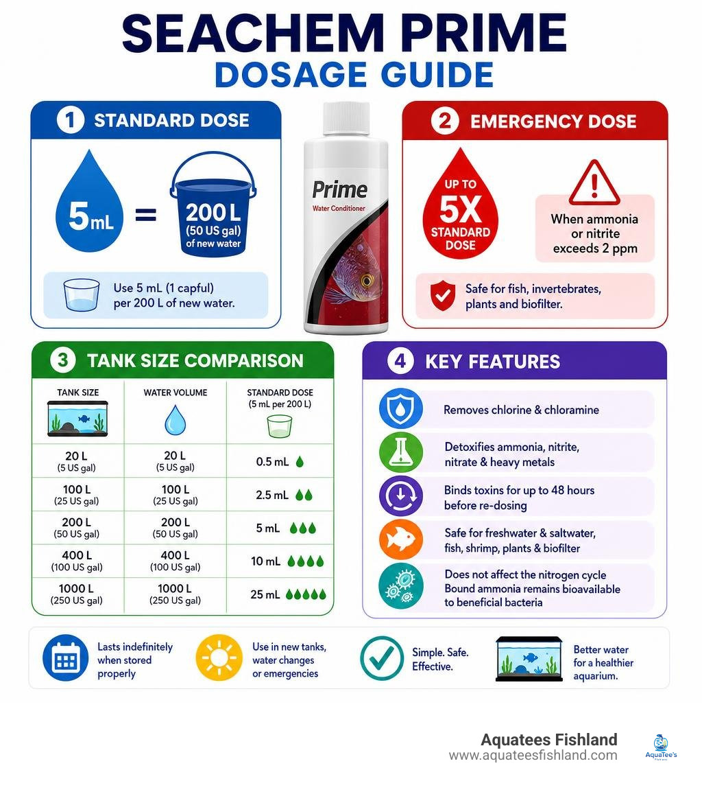 Seachem Prime dosage guide infographic: standard dose, emergency dose, tank size comparison, and key features infographic