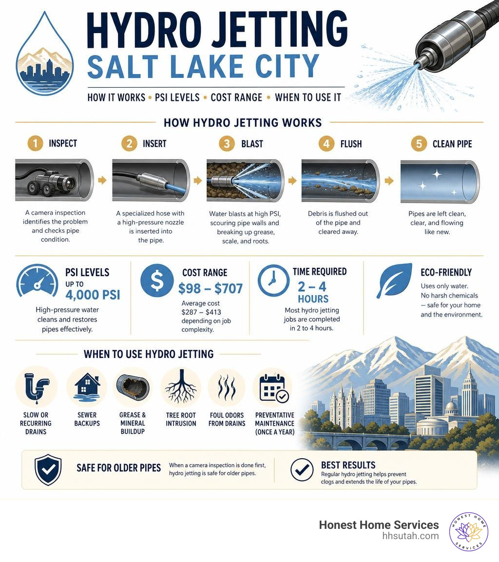 Infographic showing how hydro jetting works in Salt Lake City: step-by-step process, PSI levels, cost range, and when to use Infographic showing how hydro jetting works in Salt Lake City: step-by-step process, PSI levels, cost range, and when to use
