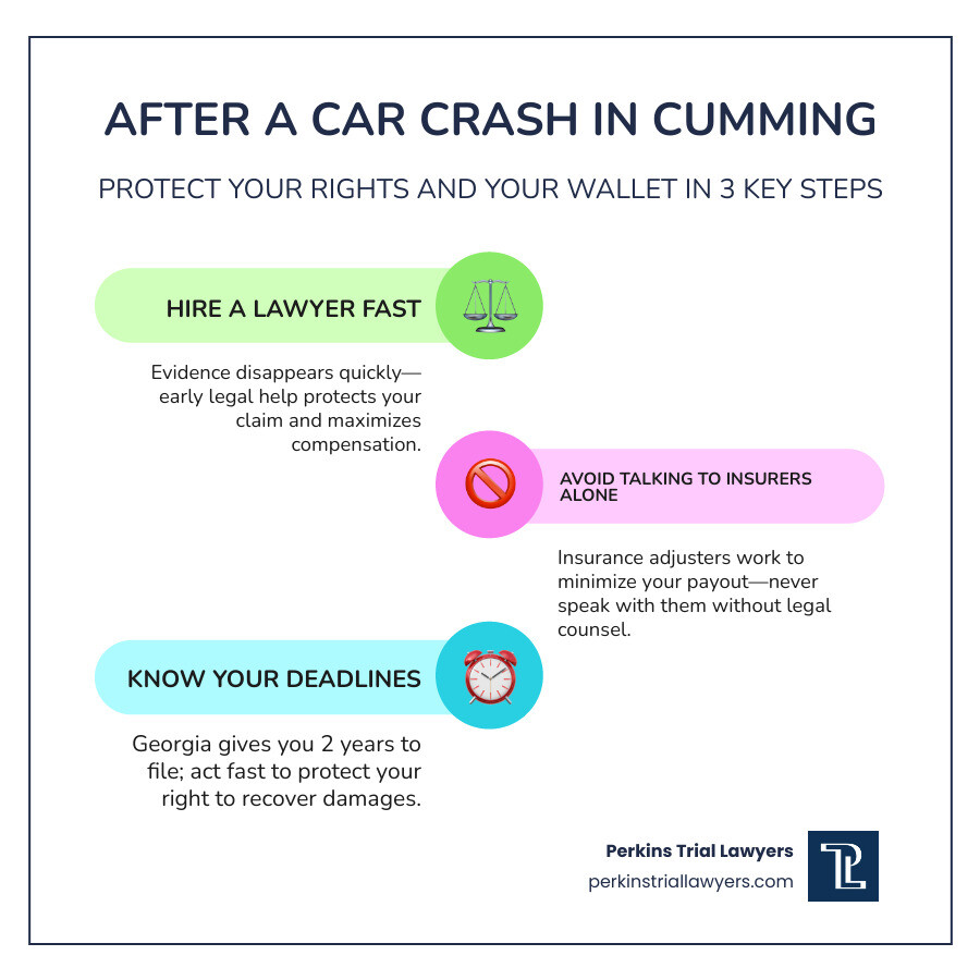 Infographic showing immediate steps after a car crash in Cumming GA with statute of limitations and compensation types Infographic showing immediate steps after a car crash in Cumming GA with statute of limitations and compensation types