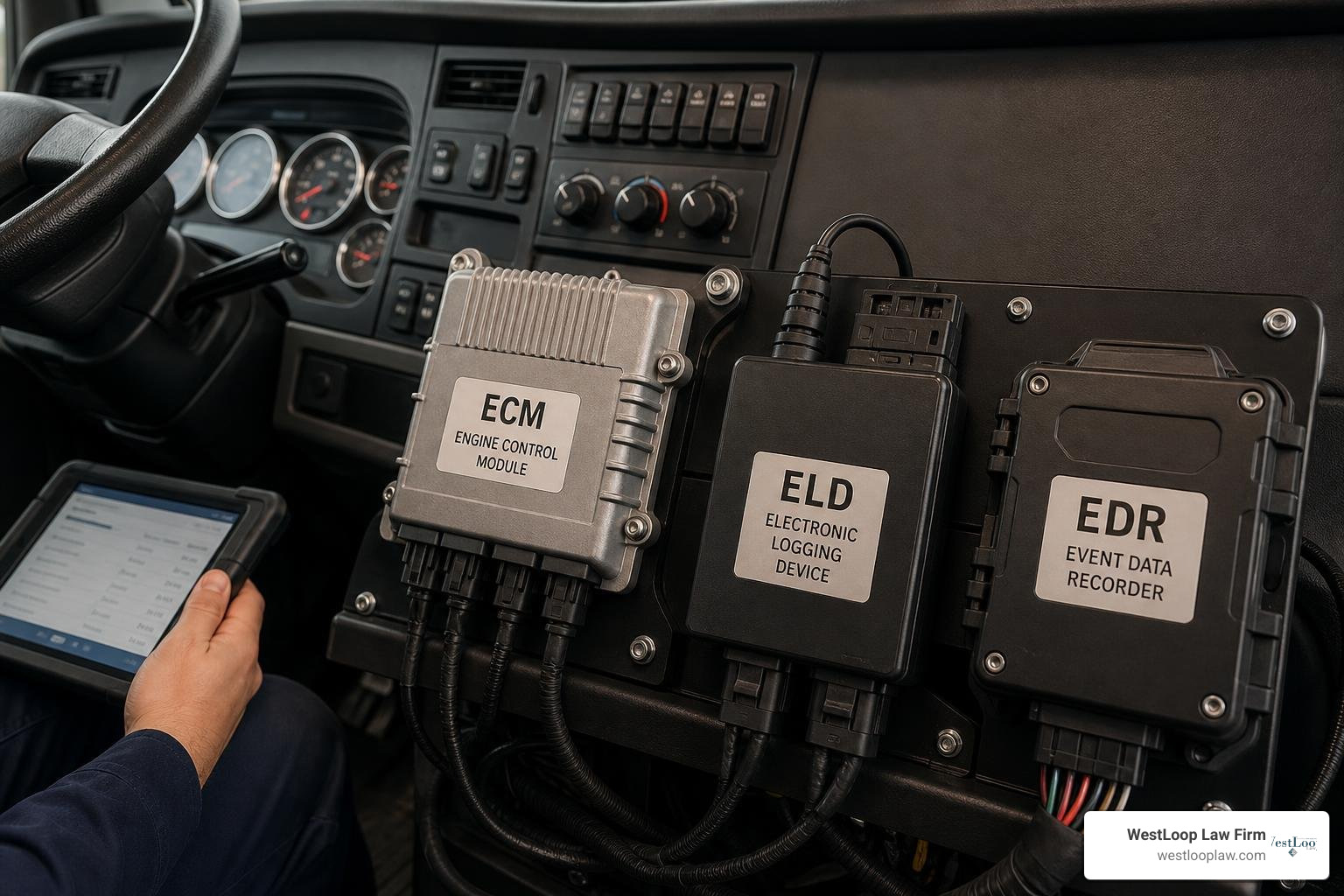 Infographic showing ECM, ELD, and EDR components of a truck's electronic data systems and what each records Infographic showing ECM, ELD, and EDR components of a truck's electronic data systems and what each records