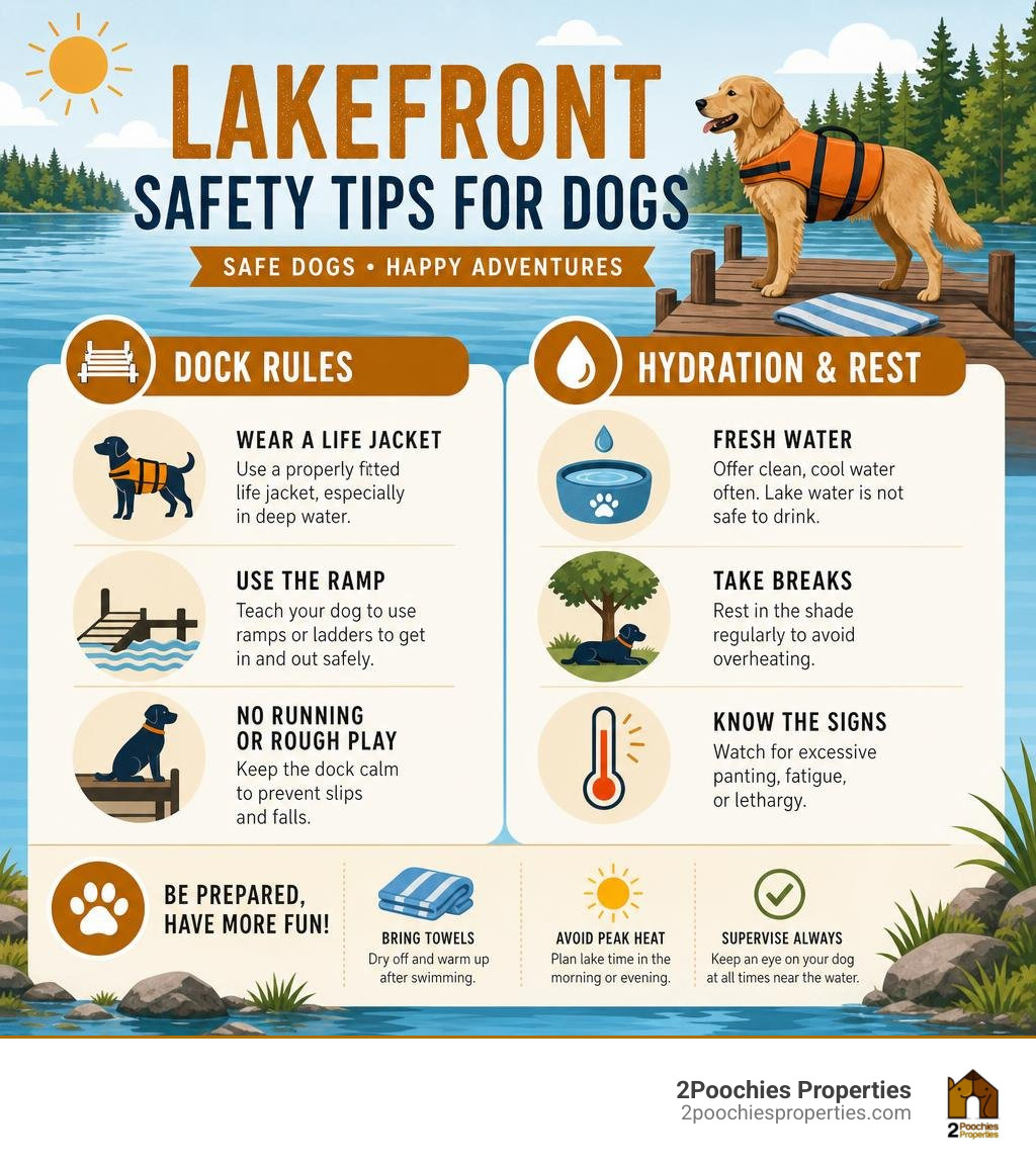 Infographic detailing lakefront safety tips for dogs including dock rules and hydration infographic
