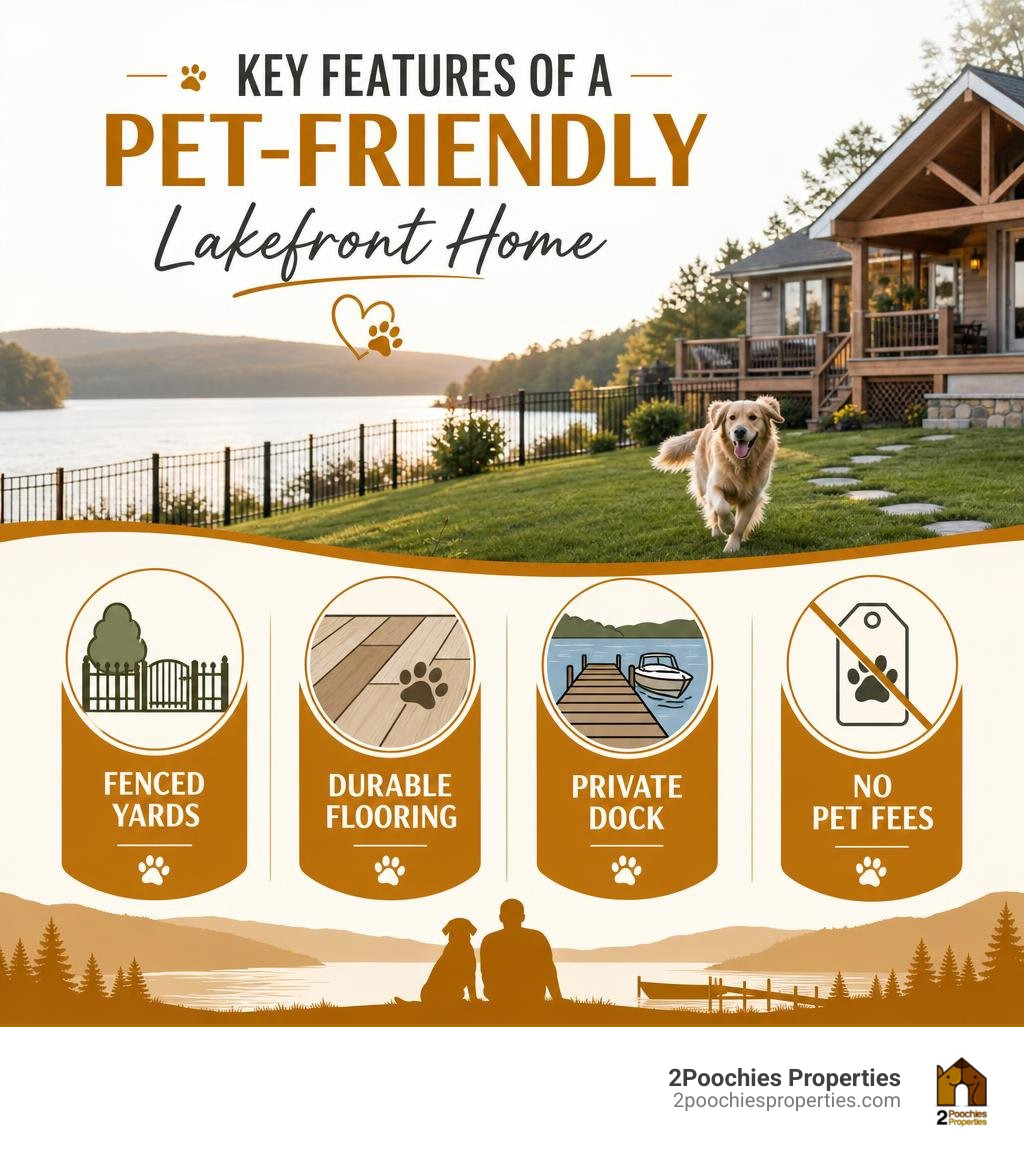 Infographic: key features of a pet-friendly lakefront home including fenced yards, durable flooring, private dock, and no