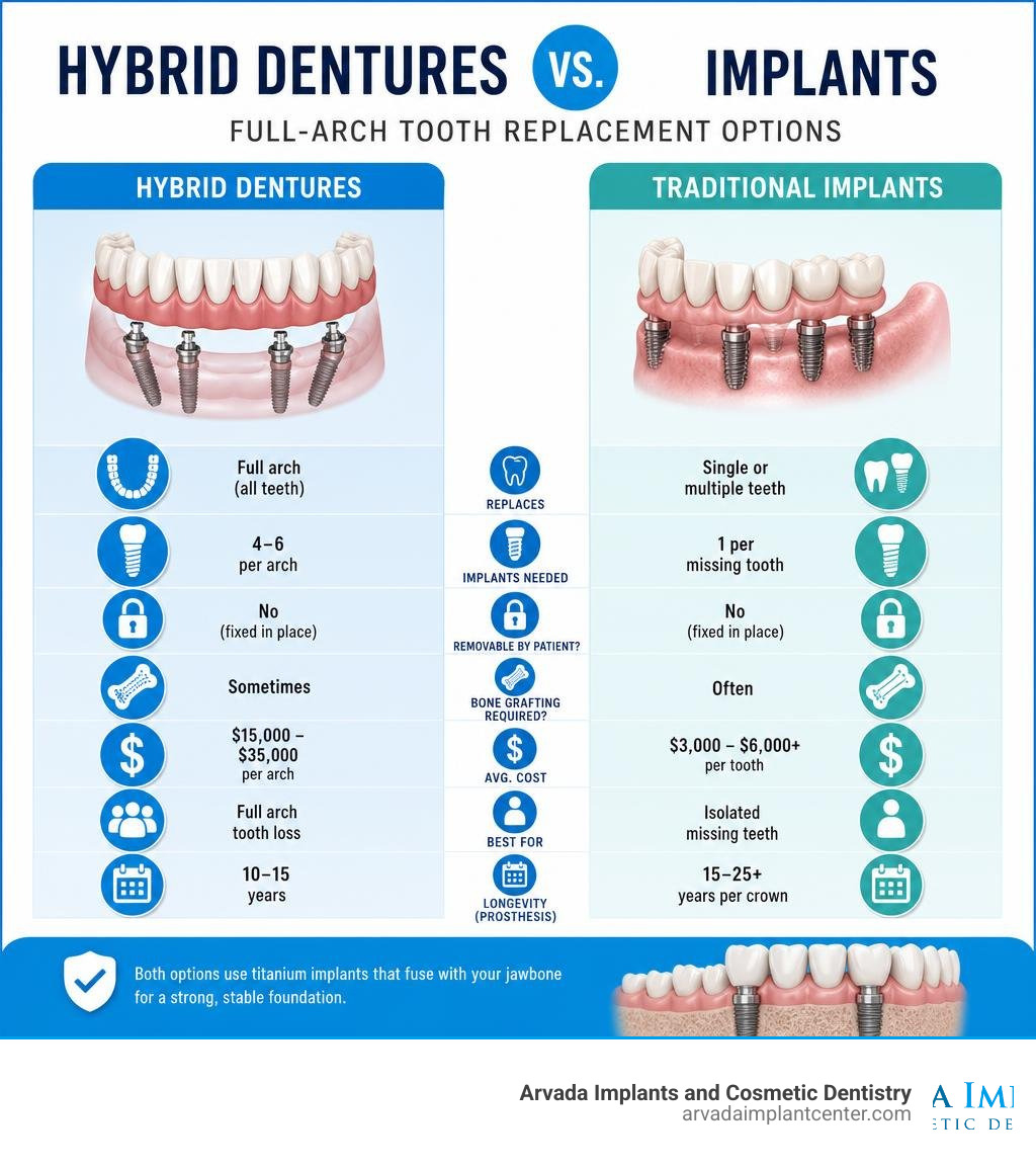 comparison of hybrid dentures vs implants full-arch tooth replacement options infographic infographic