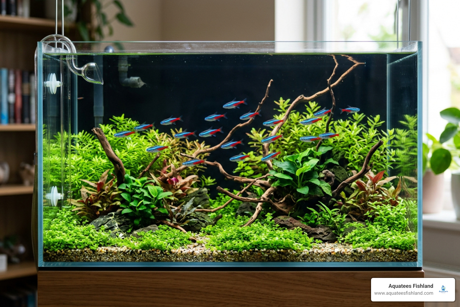 Vibrant healthy Neon Tetras swimming in a clean modern aquascaped home aquarium