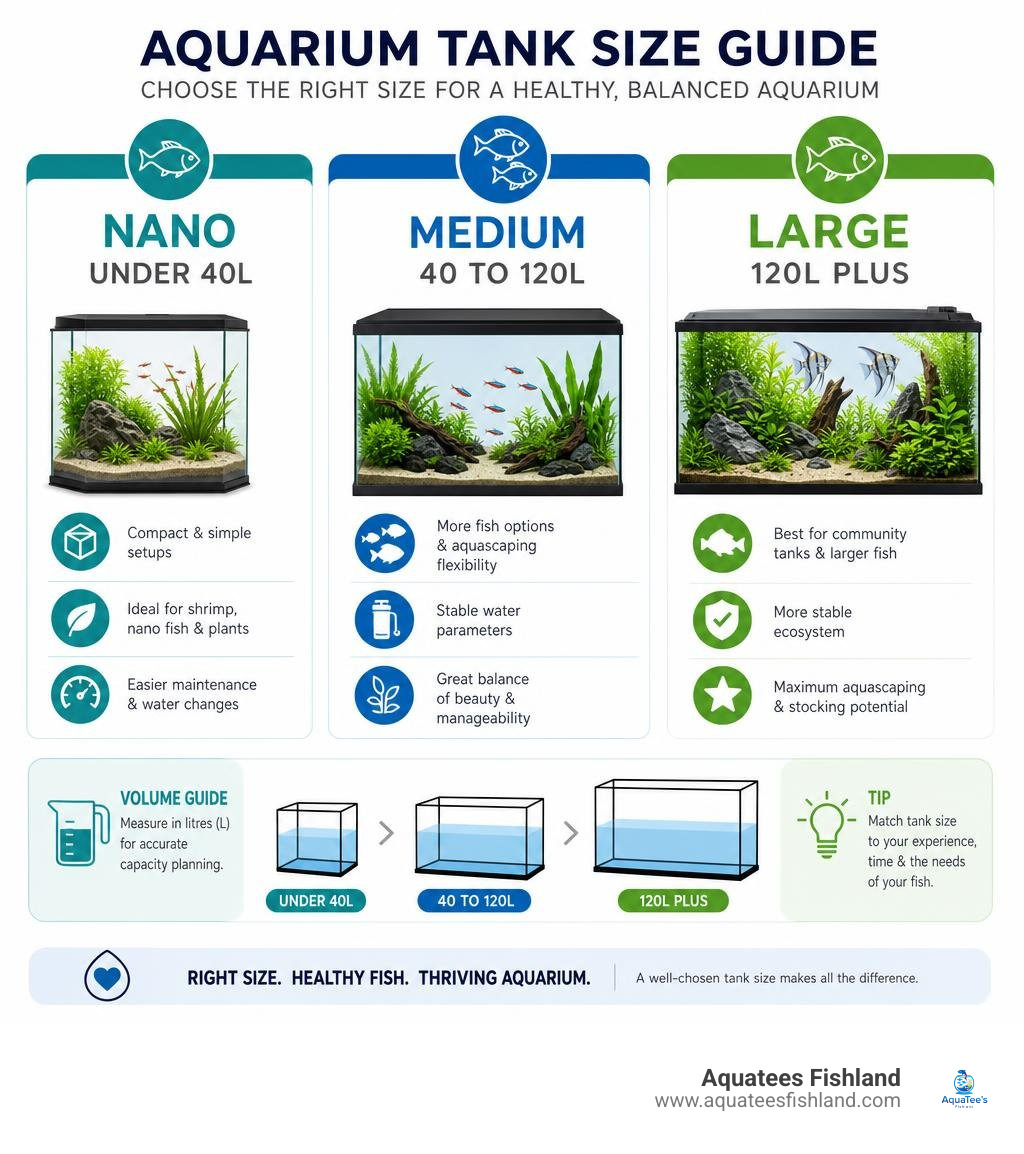 Infographic comparing tank volumes: Nano under 40L, Medium 40 to 120L, Large 120L plus infographic