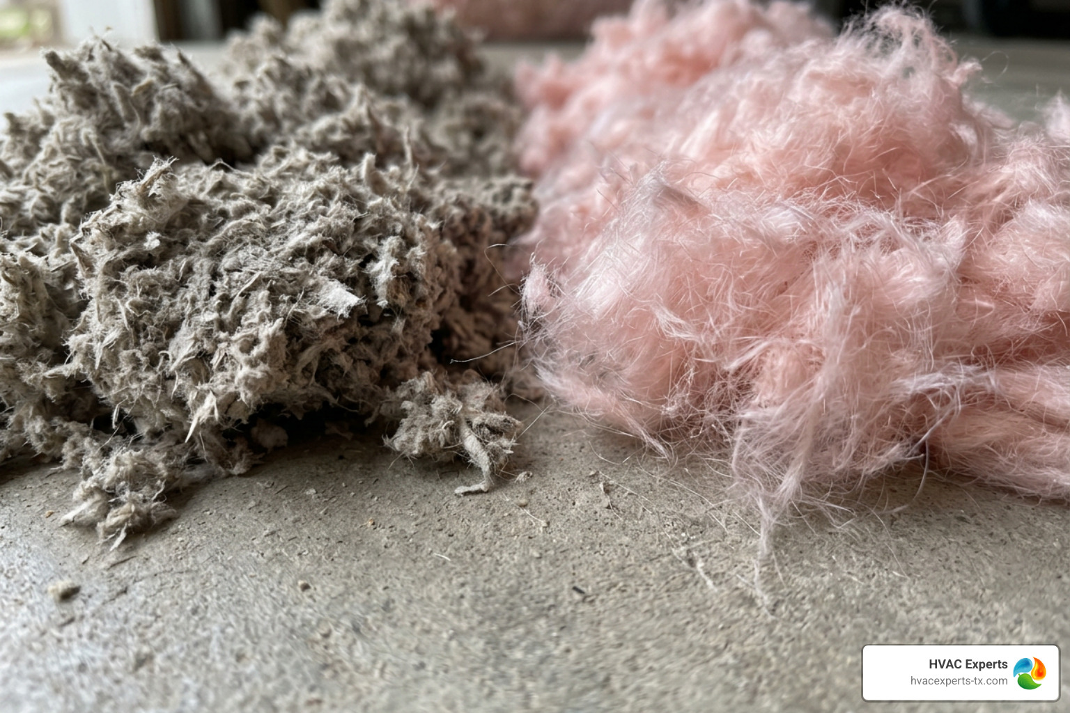 cellulose and fiberglass blown-in insulation materials side by side