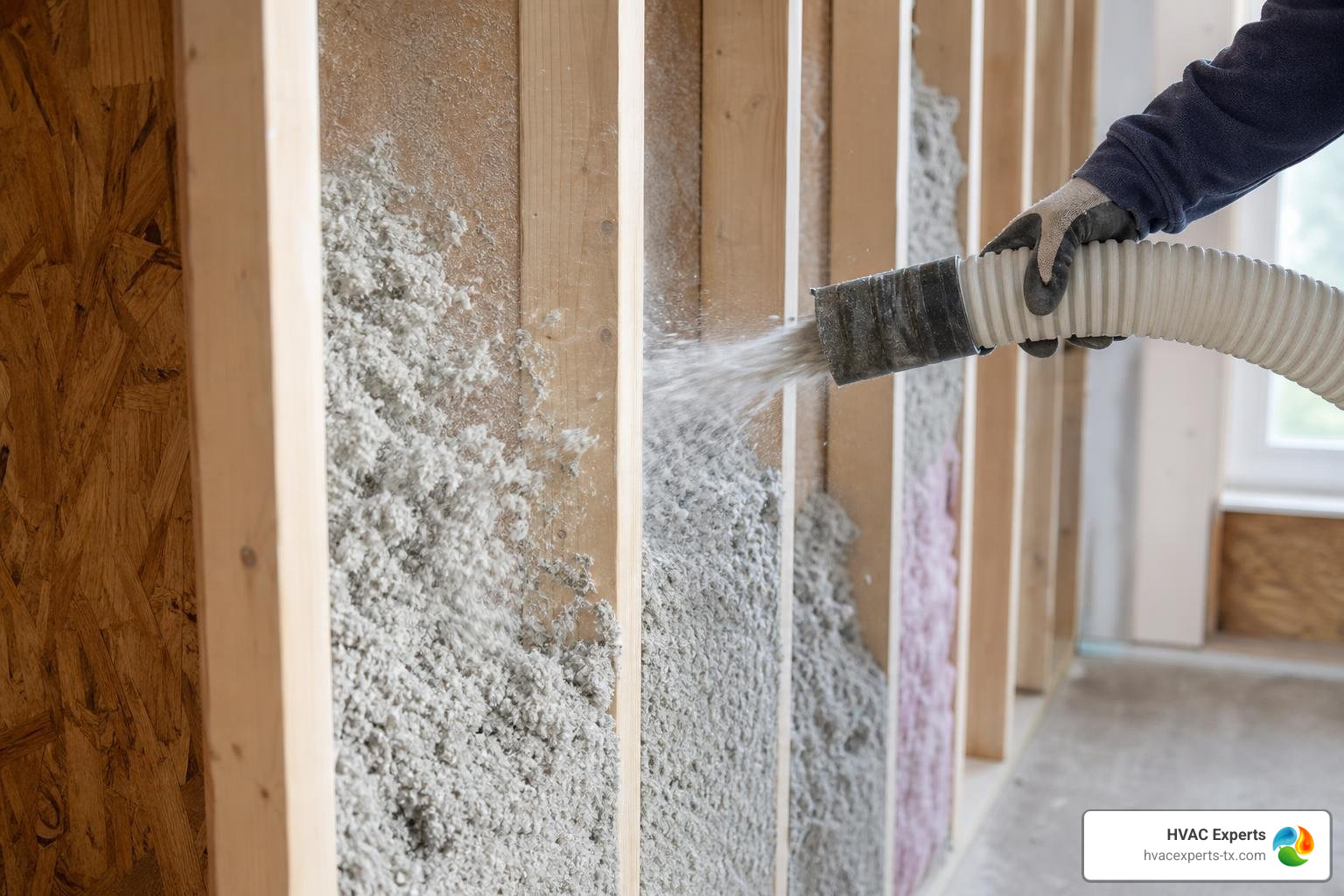 blown-in insulation process showing loose-fill material filling a wall cavity