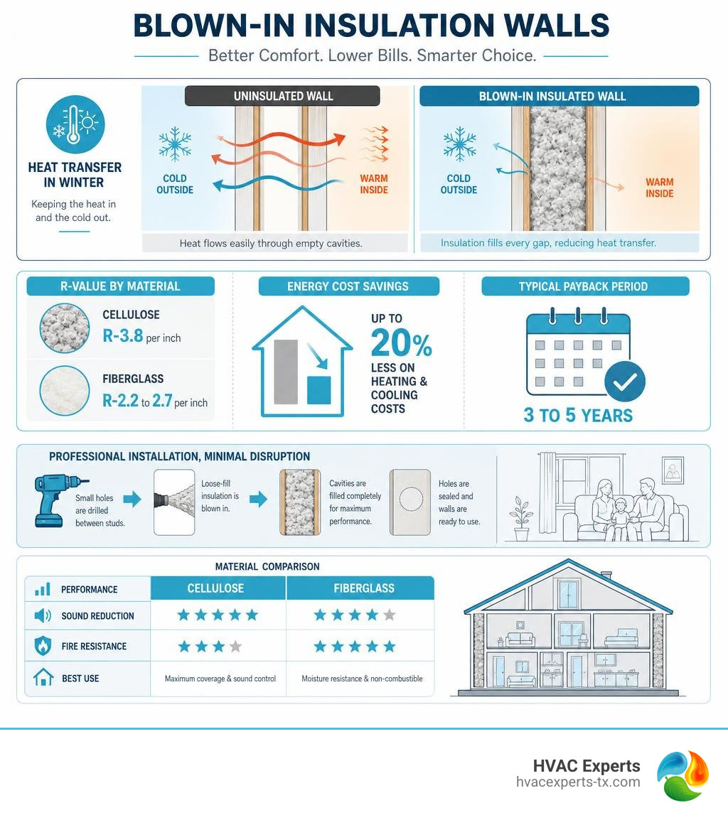 Infographic showing how heat transfers through uninsulated vs blown-in insulated walls, R-values, cost savings, and material