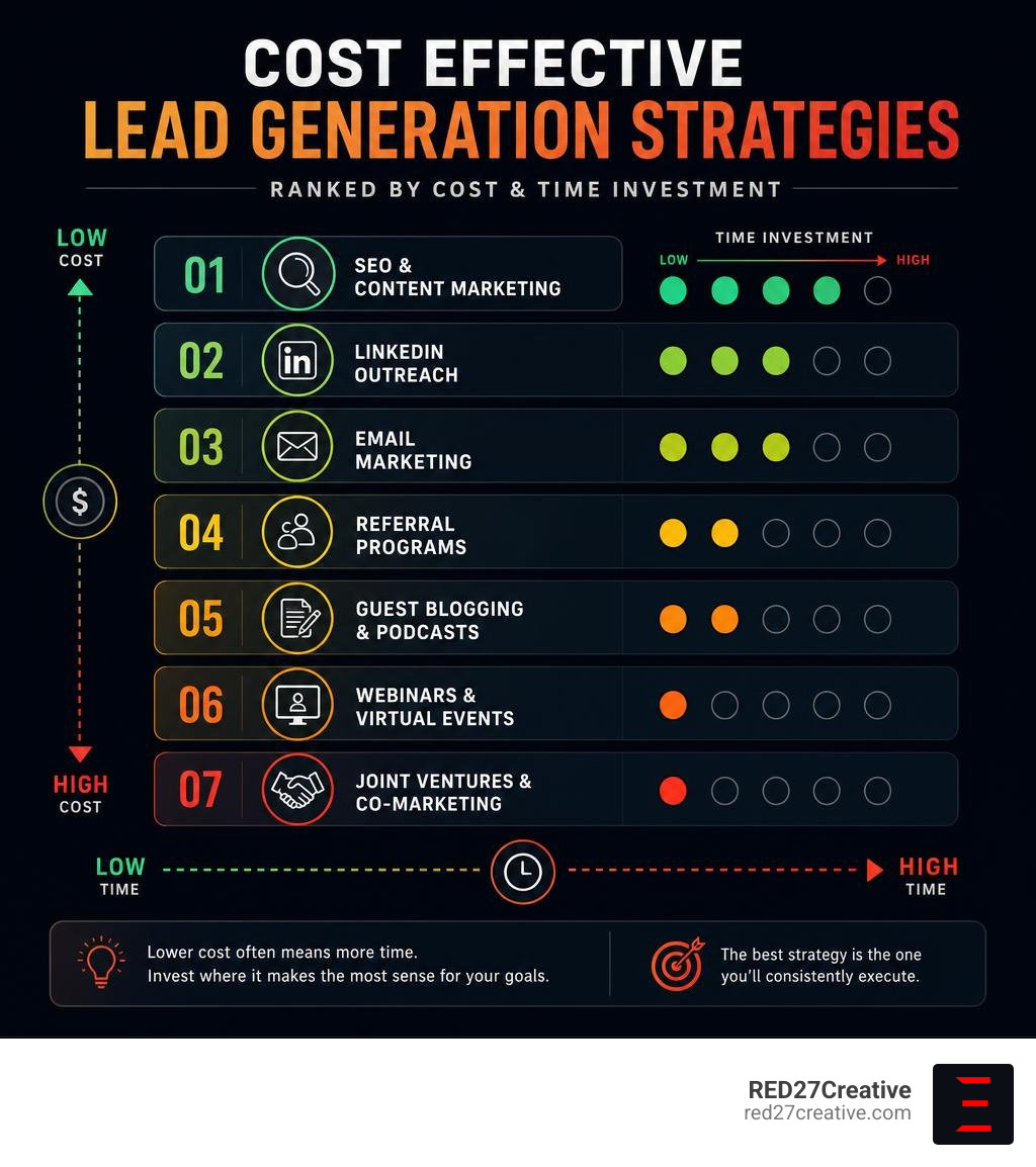 Infographic showing cost effective lead generation strategies ranked by cost and time investment infographic Infographic showing cost effective lead generation strategies ranked by cost and time investment infographic