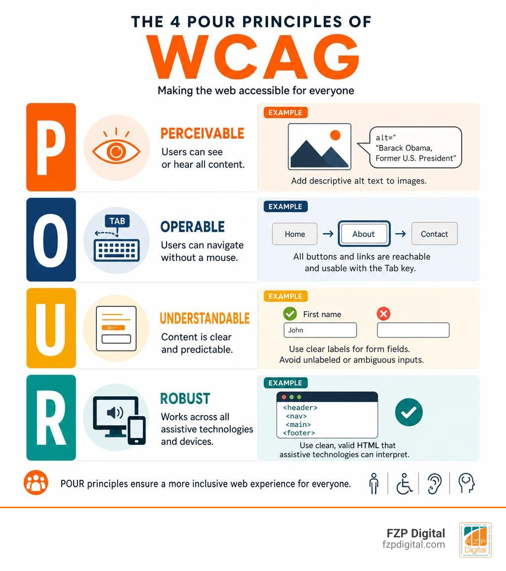 Infographic showing the four POUR principles of WCAG web accessibility with key examples for each infographic Infographic showing the four POUR principles of WCAG web accessibility with key examples for each infographic