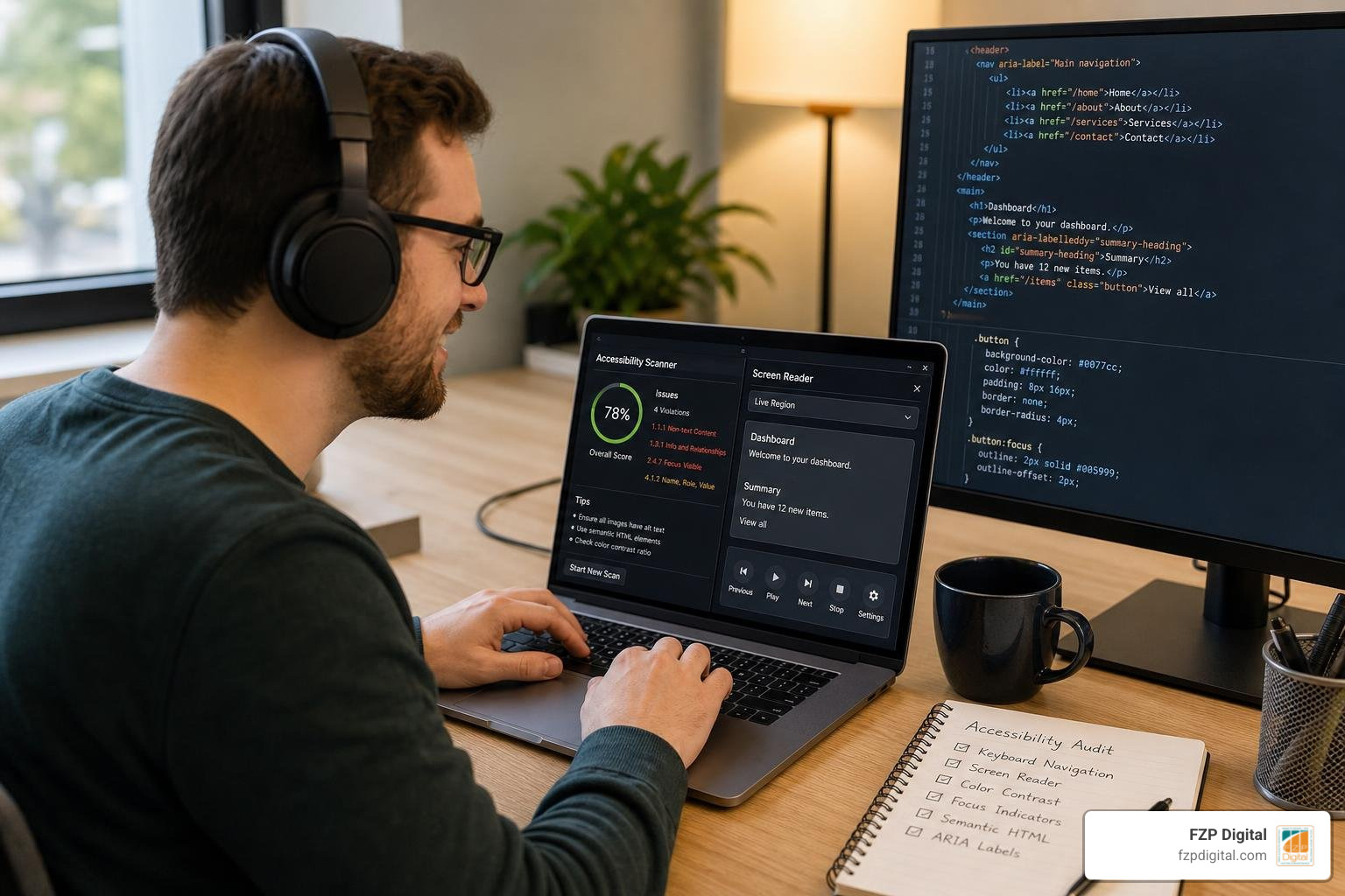 A developer performing an accessibility audit using modern testing tools and screen reader software A developer performing an accessibility audit using modern testing tools and screen reader software