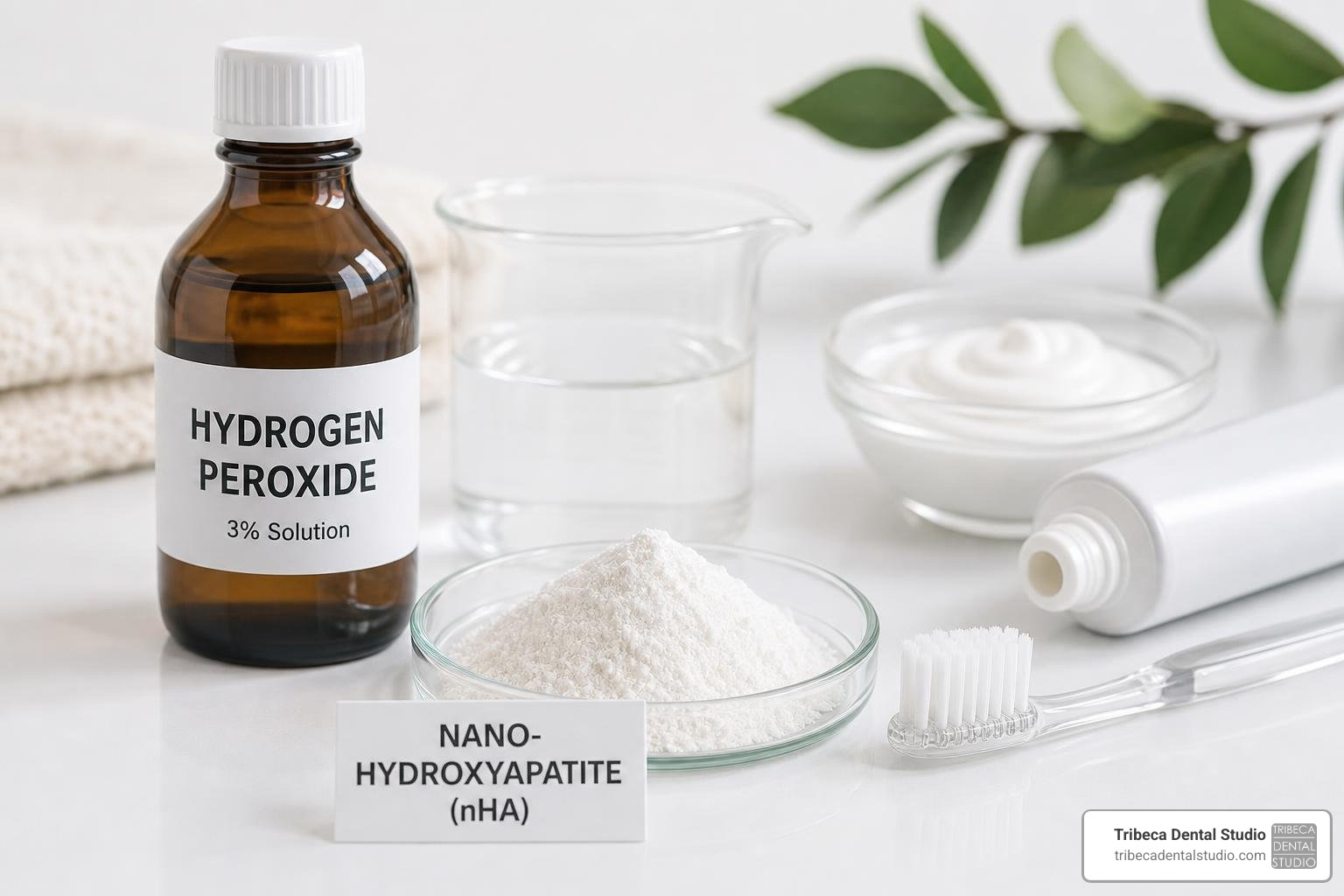 A close-up of different whitening toothpaste ingredients including hydrogen peroxide and nano-hydroxyapatite A close-up of different whitening toothpaste ingredients including hydrogen peroxide and nano-hydroxyapatite