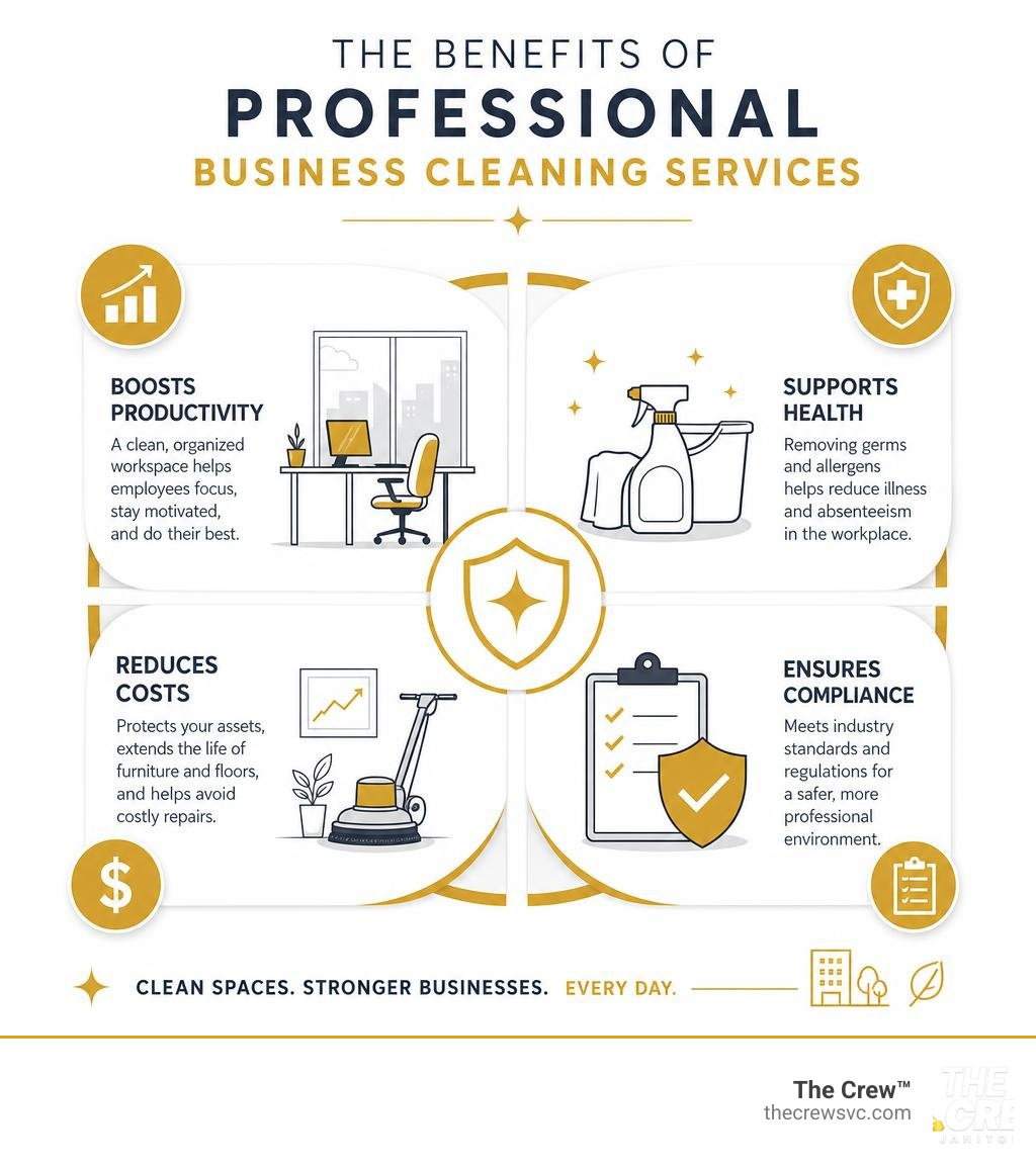 Benefits of professional business cleaning services infographic showing productivity, health, cost, and compliance Benefits of professional business cleaning services infographic showing productivity, health, cost, and compliance