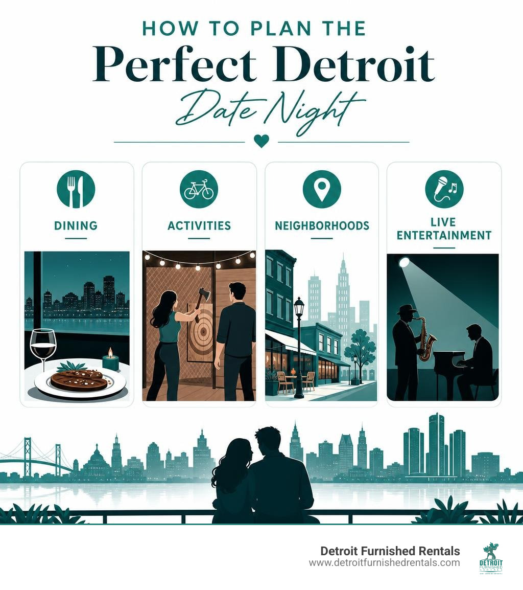 How to plan the perfect Detroit date night infographic with categories: dining, activities, neighborhoods, and live
