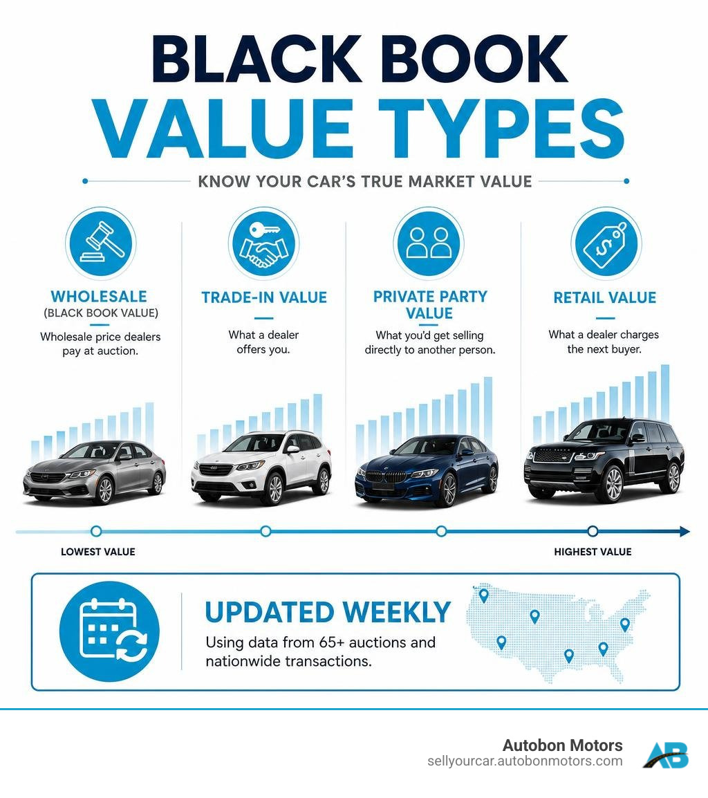Infographic showing Black Book value types: wholesale, trade-in, private party, retail with update frequency infographic Infographic showing Black Book value types: wholesale, trade-in, private party, retail with update frequency infographic