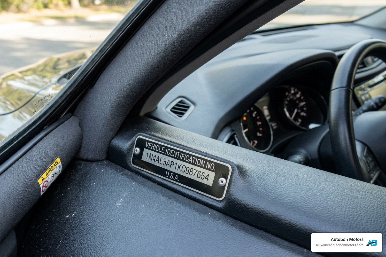 A car's VIN plate located on the driver's side dashboard