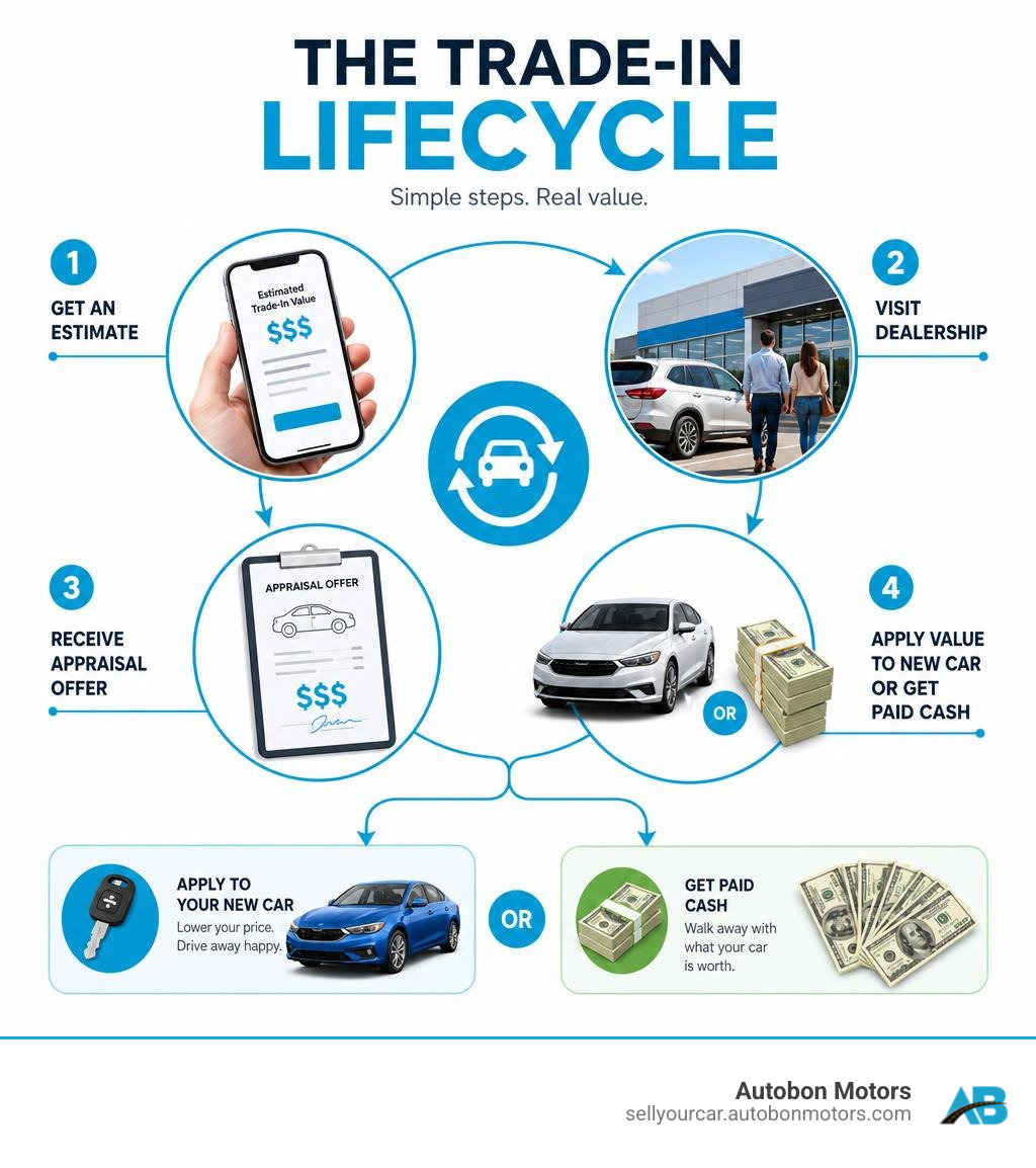 Infographic showing the trade-in lifecycle: get an estimate, visit dealership, receive appraisal offer, apply value to new