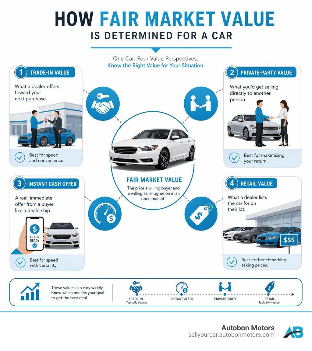 How fair market value is determined for a car using trade-in, private party, retail, and instant offer types infographic