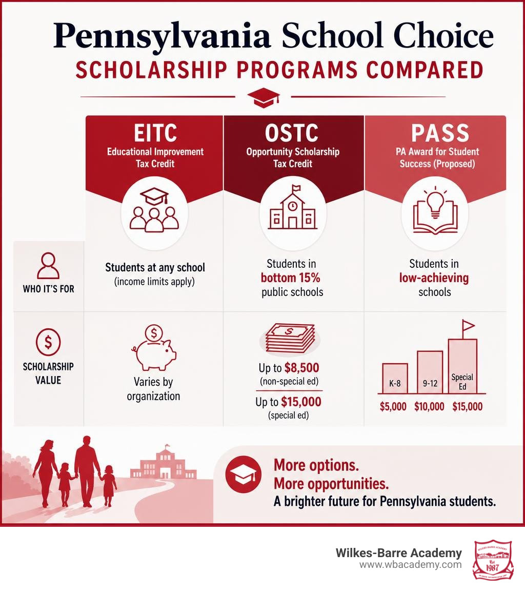 Infographic comparing Pennsylvania school choice scholarship programs EITC OSTC and PASS eligibility and award amounts Infographic comparing Pennsylvania school choice scholarship programs EITC OSTC and PASS eligibility and award amounts