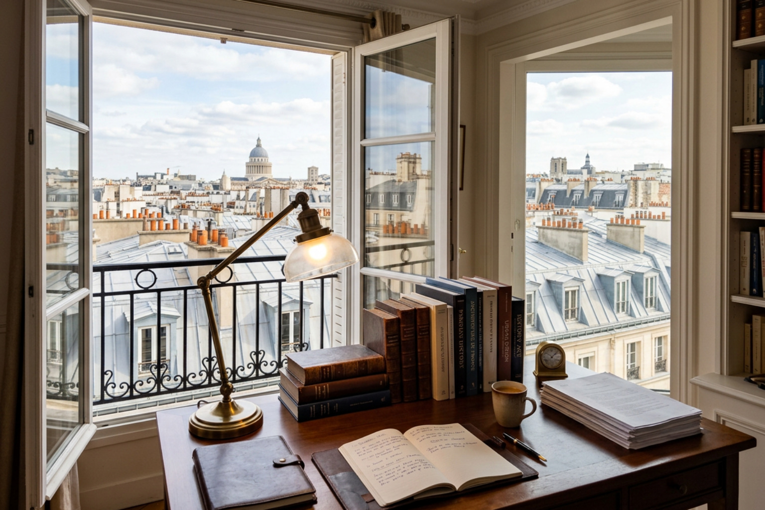 a bright academic study desk overlooking historic Paris rooftops