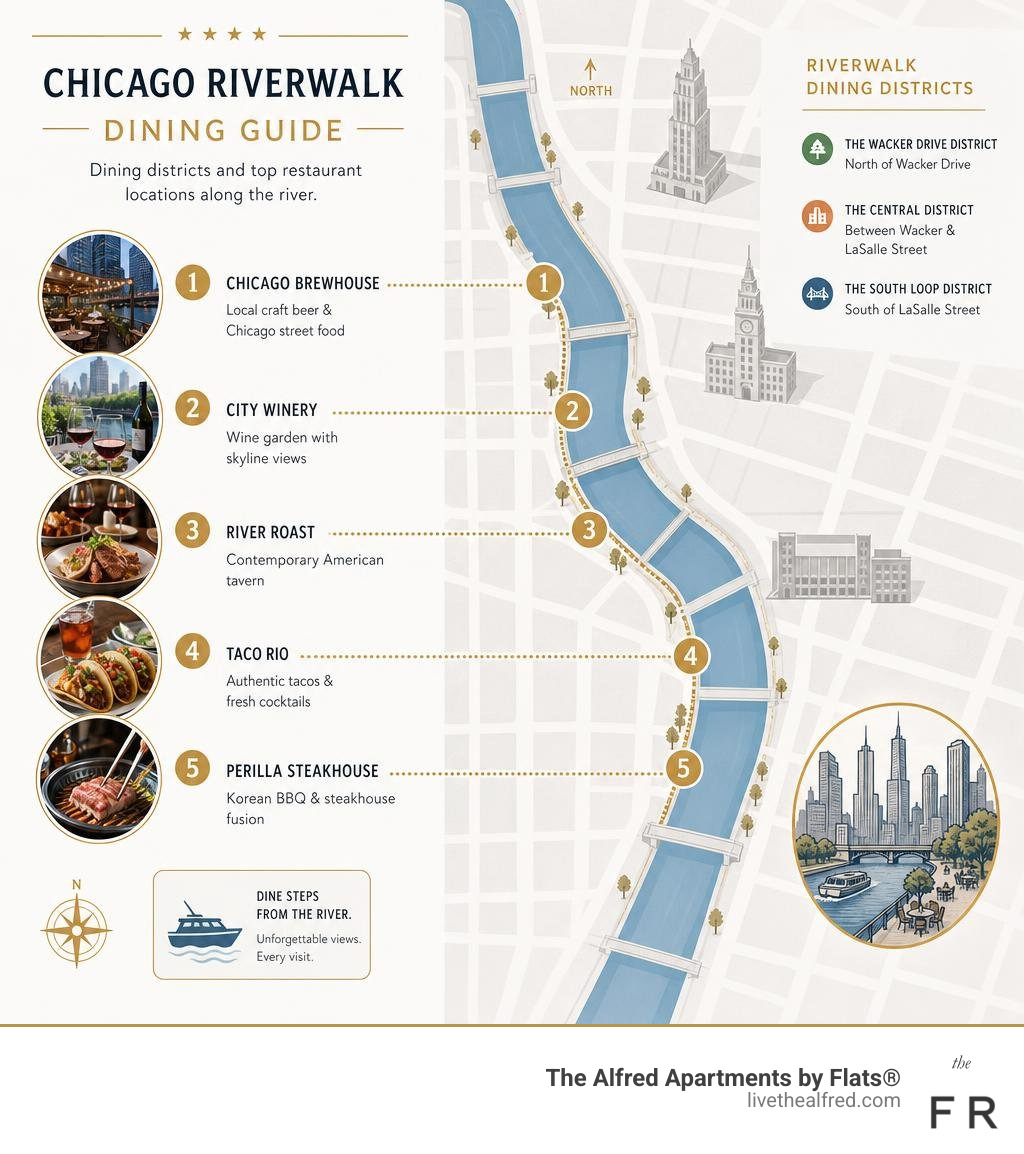 Map infographic showing Chicago Riverwalk dining districts and top restaurant locations along the river infographic Map infographic showing Chicago Riverwalk dining districts and top restaurant locations along the river infographic