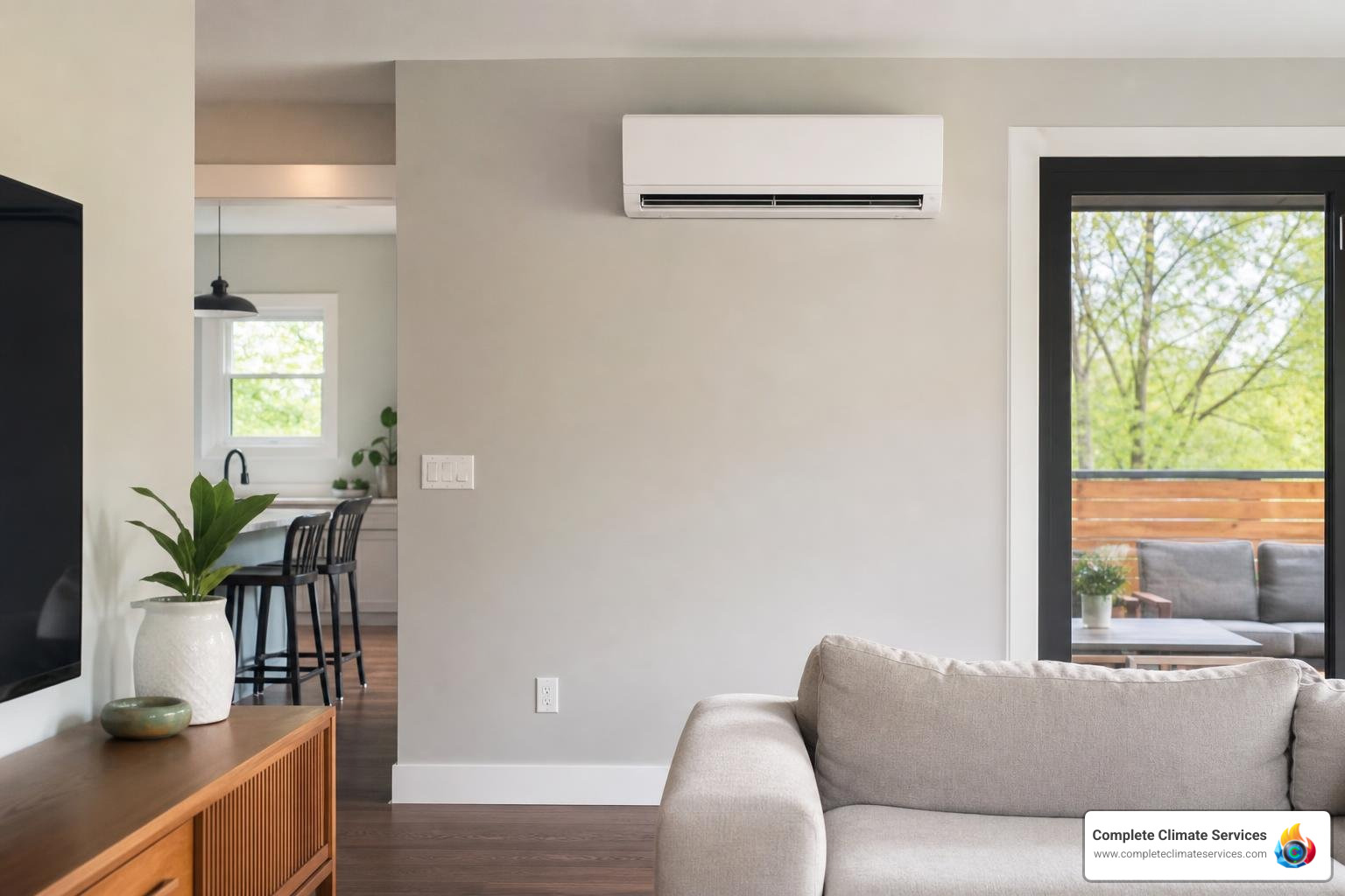 Modern ductless mini-split indoor unit mounted on a living room wall