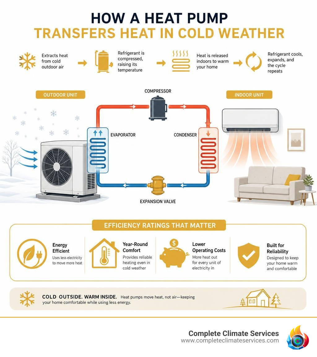 How a heat pump transfers heat in cold weather: infographic showing refrigerant cycle, outdoor unit, indoor unit, and