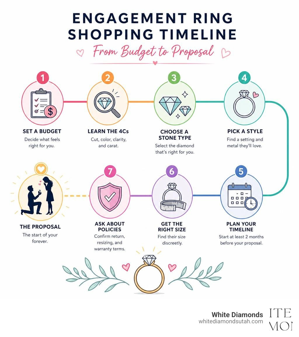 Engagement ring shopping timeline infographic from budget to proposal infographic