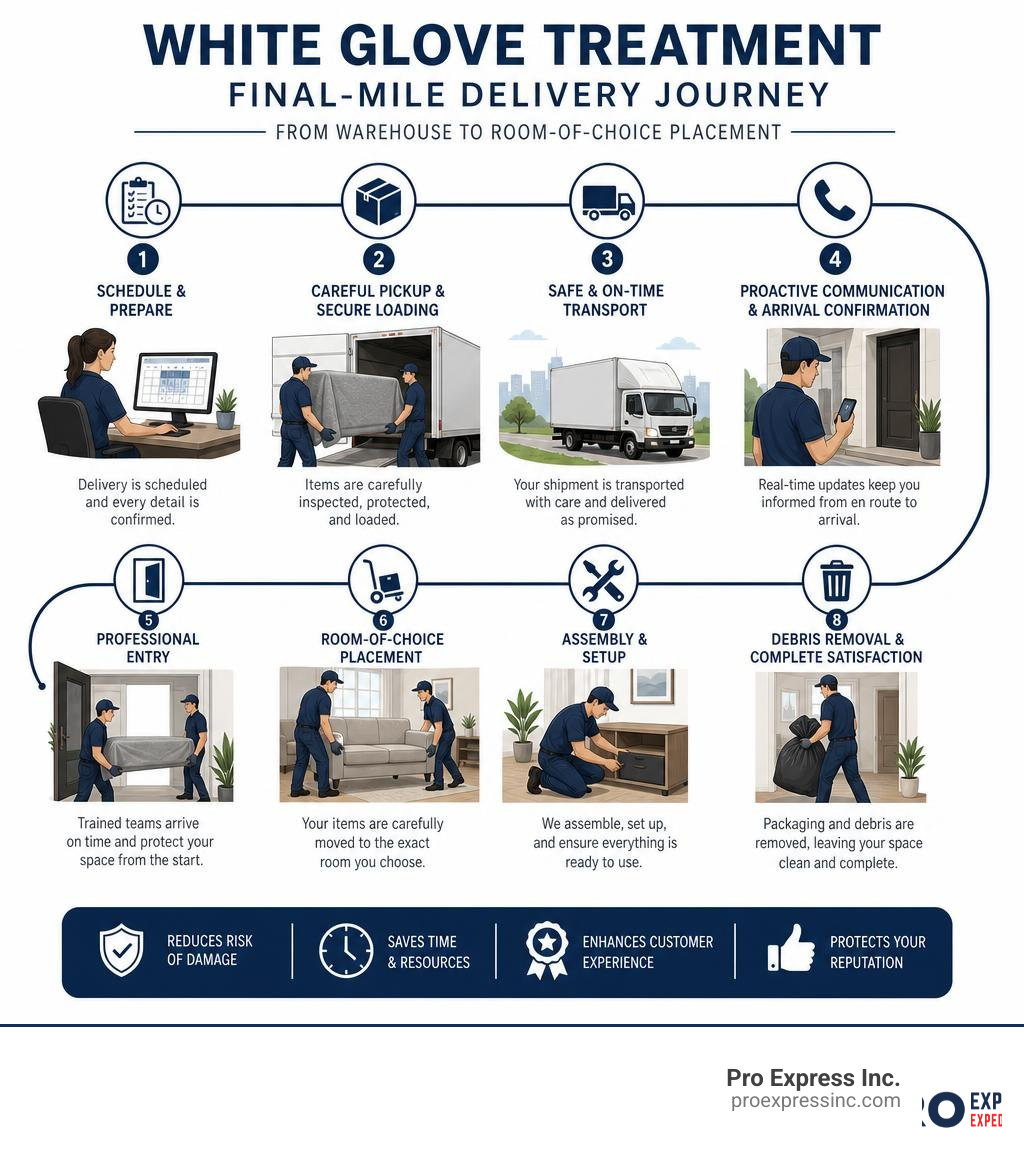White glove treatment final-mile delivery journey from warehouse to room-of-choice placement infographic