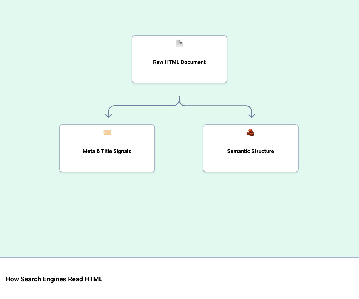 HTML SEO optimization elements checklist with impact levels for title tags, meta tags, heading hierarchy, structured data