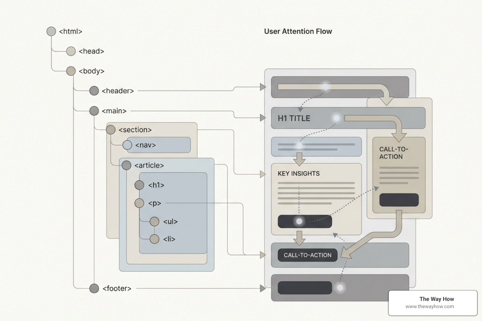 An abstract diagram showing how search engine crawlers map semantic HTML hierarchy and user attention patterns