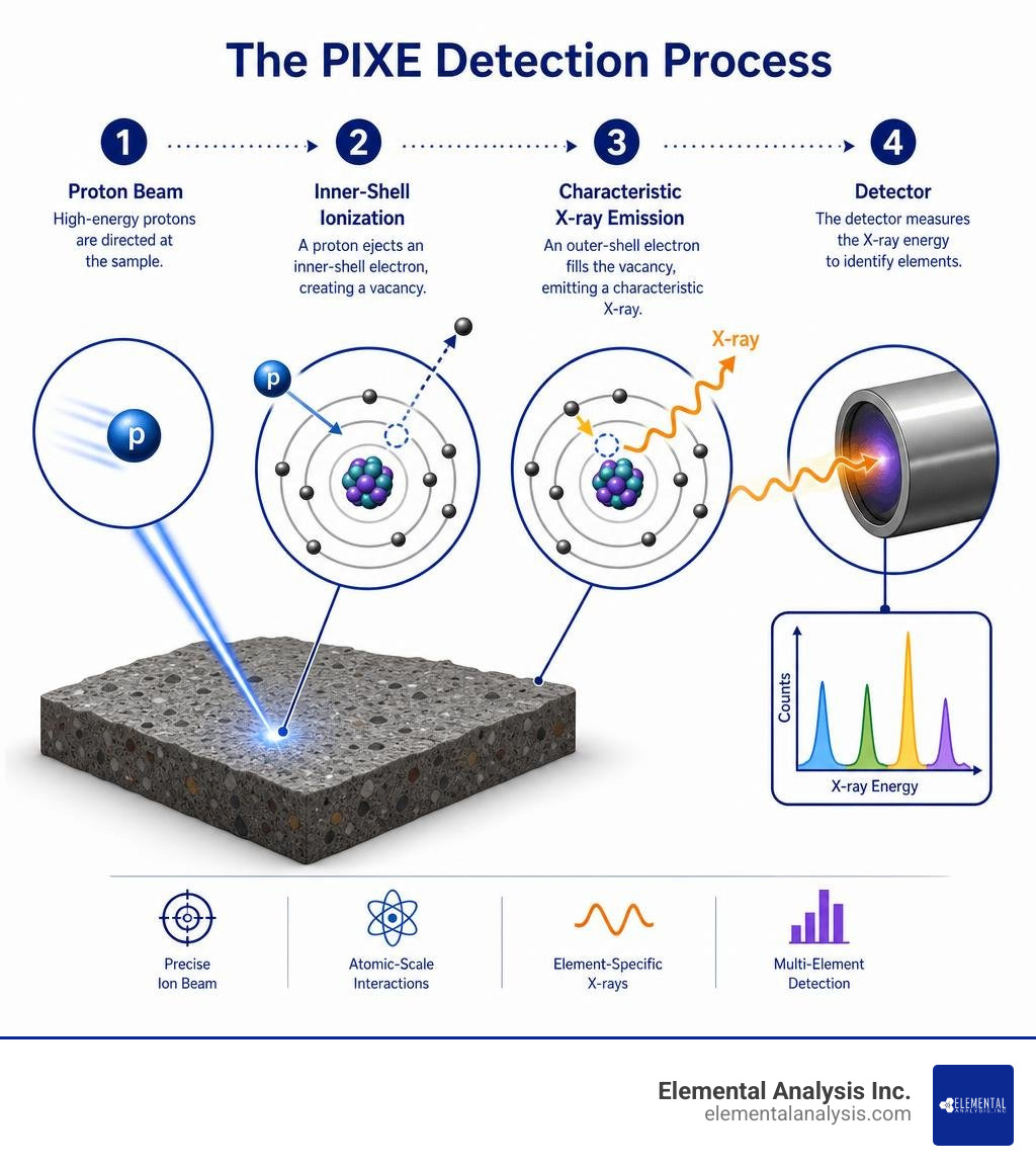 Infographic showing the PIXE detection process: proton beam, inner-shell ionization, characteristic X-ray emission, and