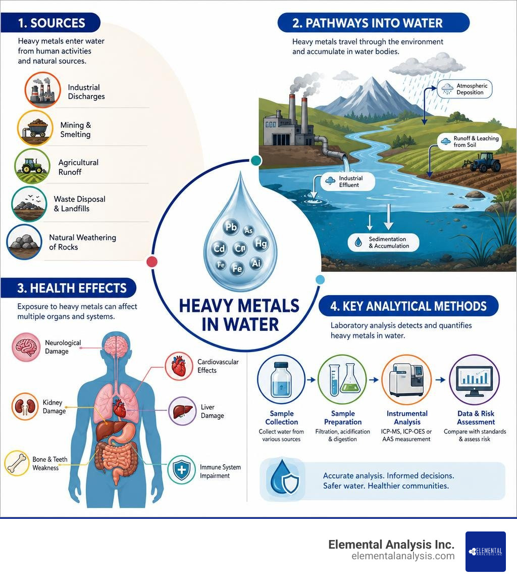 Infographic showing heavy metal sources, pathways into water, health effects, and key analytical methods infographic