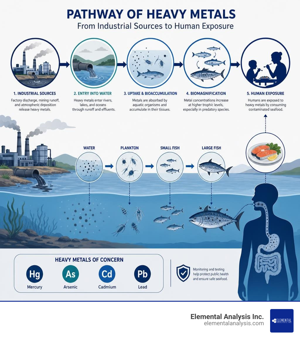 Pathway of heavy metals from industrial sources through water to seafood and human exposure infographic Pathway of heavy metals from industrial sources through water to seafood and human exposure infographic