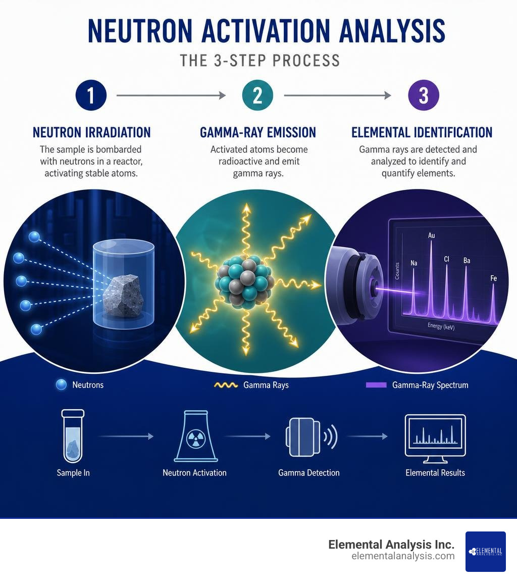 Infographic showing the neutron activation analysis process: neutron irradiation, gamma-ray emission, and elemental Infographic showing the neutron activation analysis process: neutron irradiation, gamma-ray emission, and elemental