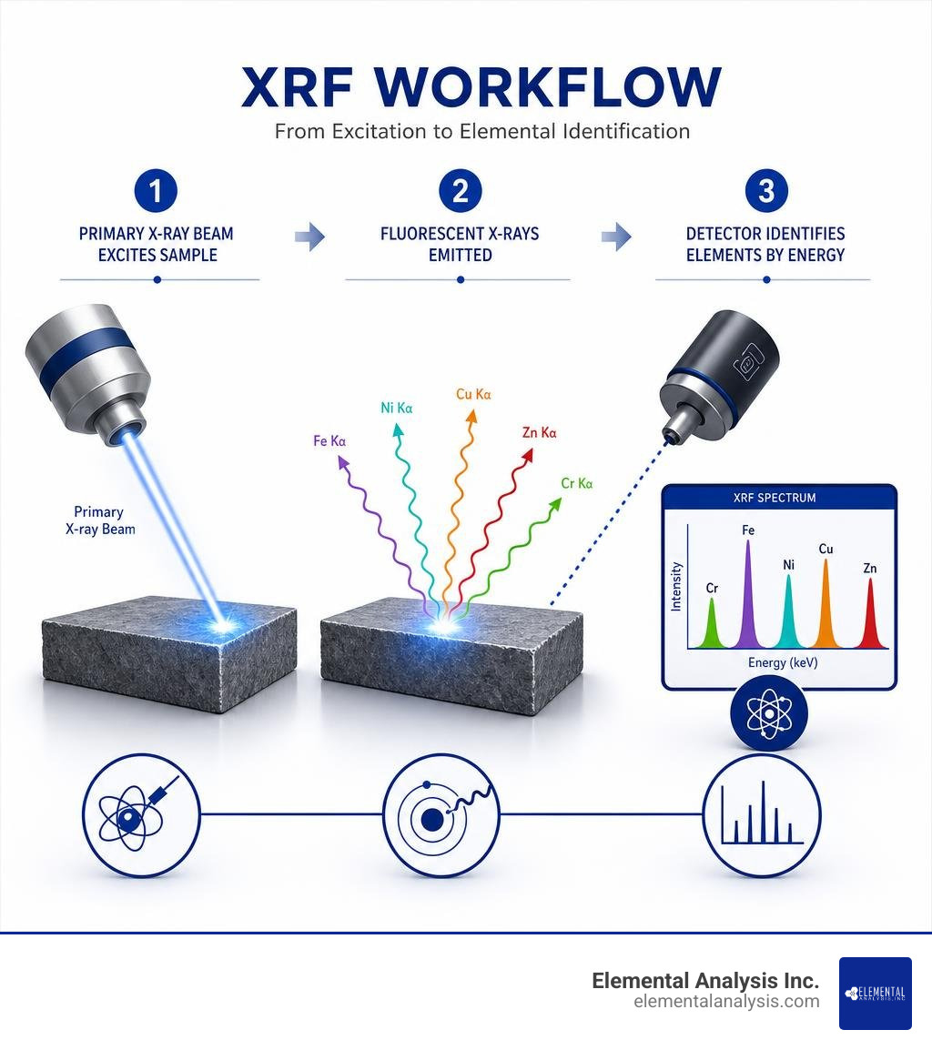 XRF workflow infographic: primary X-ray beam excites sample, fluorescent X-rays emitted, detector identifies elements by XRF workflow infographic: primary X-ray beam excites sample, fluorescent X-rays emitted, detector identifies elements by