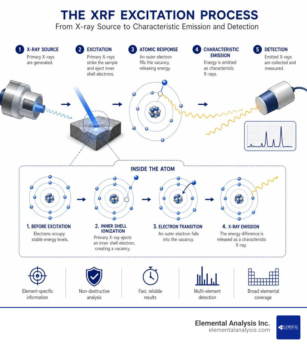 Infographic showing XRF excitation process from X-ray source to characteristic emission and detection infographic Infographic showing XRF excitation process from X-ray source to characteristic emission and detection infographic