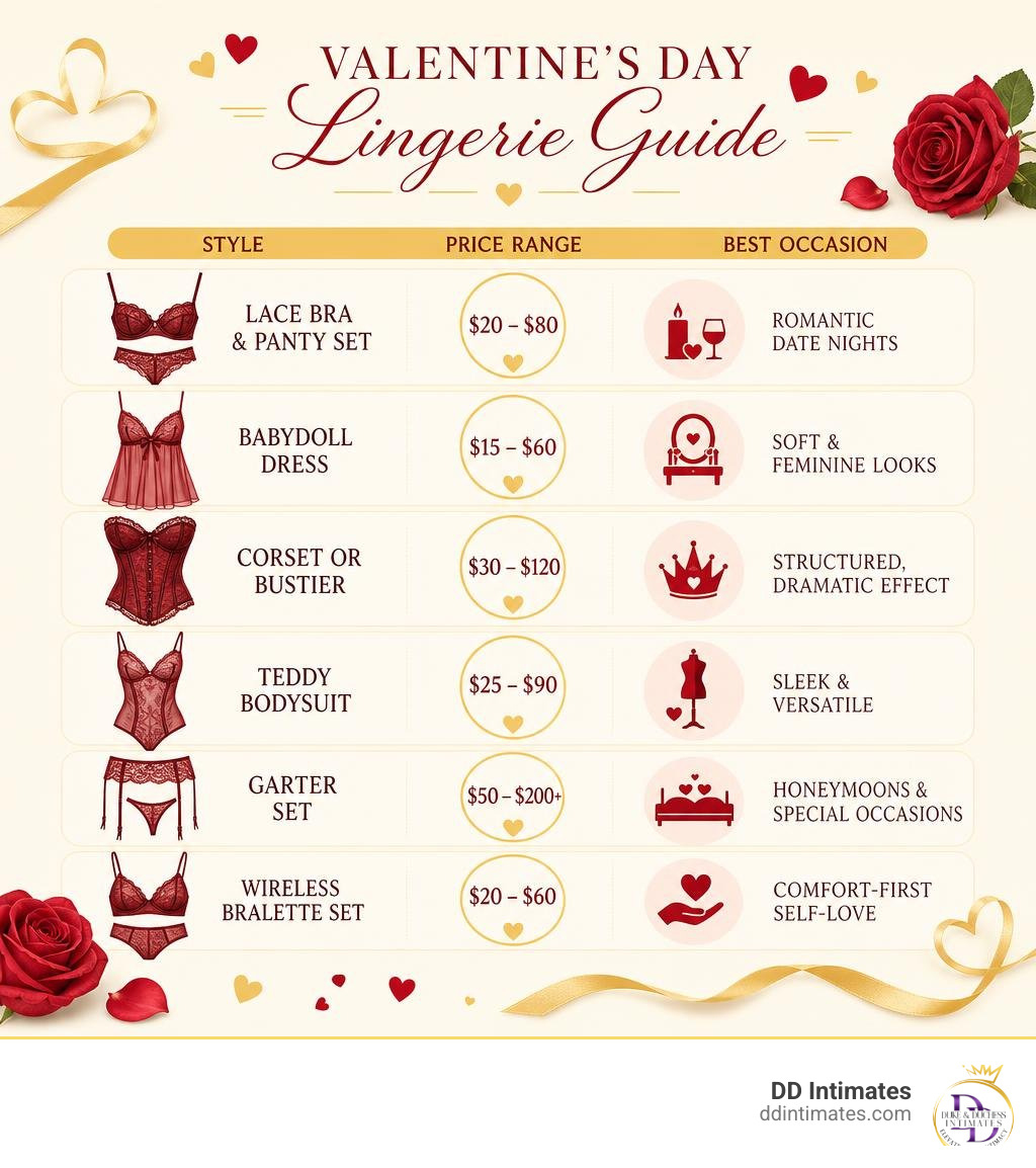 Infographic showing Valentine's Day lingerie styles, price ranges, and best occasions for each infographic