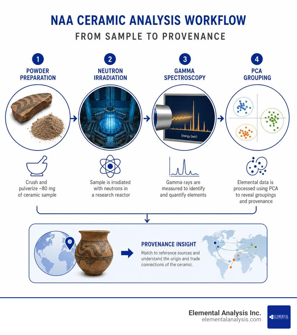 Infographic: NAA ceramic analysis workflow from sample to provenance — powder prep, neutron irradiation, gamma spectroscopy Infographic: NAA ceramic analysis workflow from sample to provenance — powder prep, neutron irradiation, gamma spectroscopy